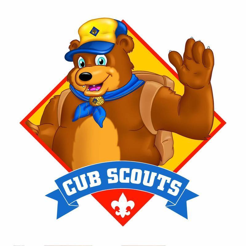 A cartoon bear in a cubscout hat and neckerchief waves high