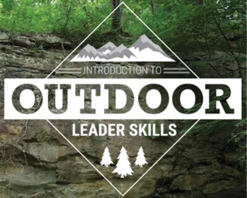 'Introduction to Outdoor Leadership Skills,' tree and mountain graphics over a picture of a natural rockface